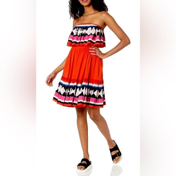 Kate Spade New York, Geo Border Printed Pleated Dress, Red Strapless, Flowy, 6 - Picture 1 of 10
